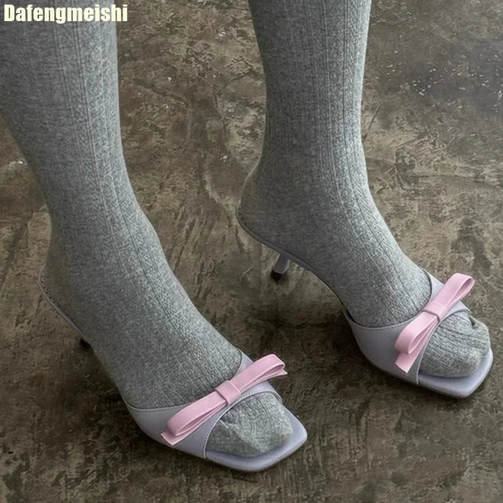 Ribbon Knot One Strap Sandals For Women Open Toe Square Front Casual Slides With Lace Sole