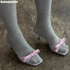 Ribbon Knot One Strap Sandals For Women Open Toe Square Front Casual Slides With Lace Sole