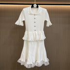 Lace Patchwork Dress With Ruffle Layers And Short Sleeves