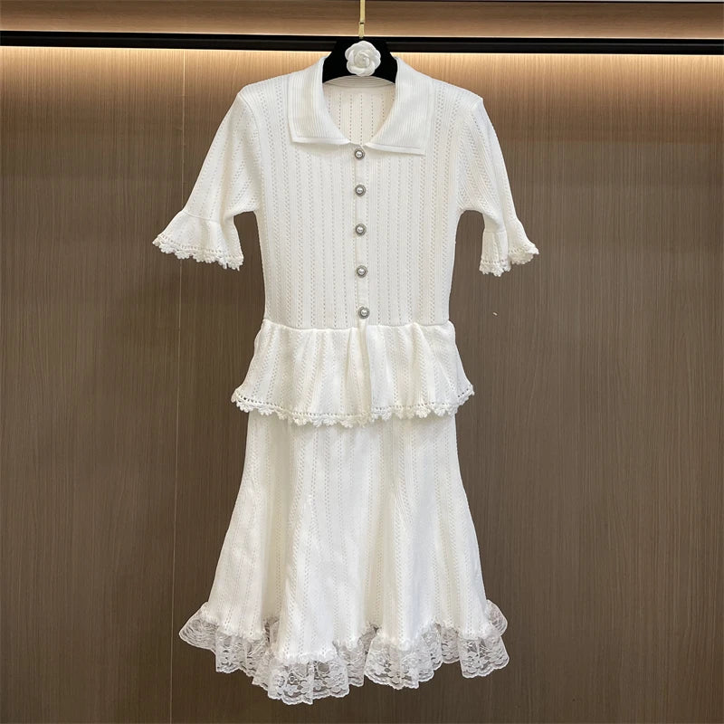 Lace Patchwork Dress With Ruffle Layers And Short Sleeves