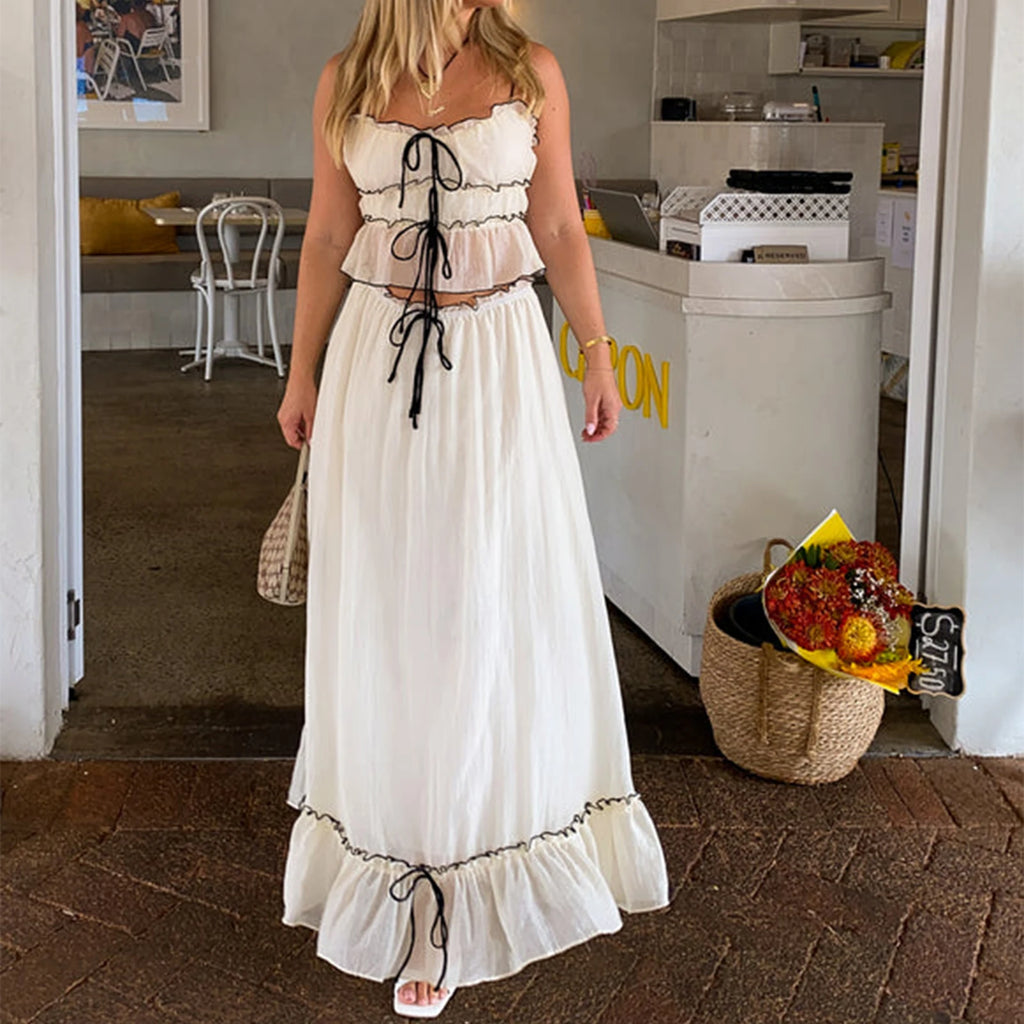 Patchwork Tie Up Camisole Set With Ruched Ruffle Maxi Skirt