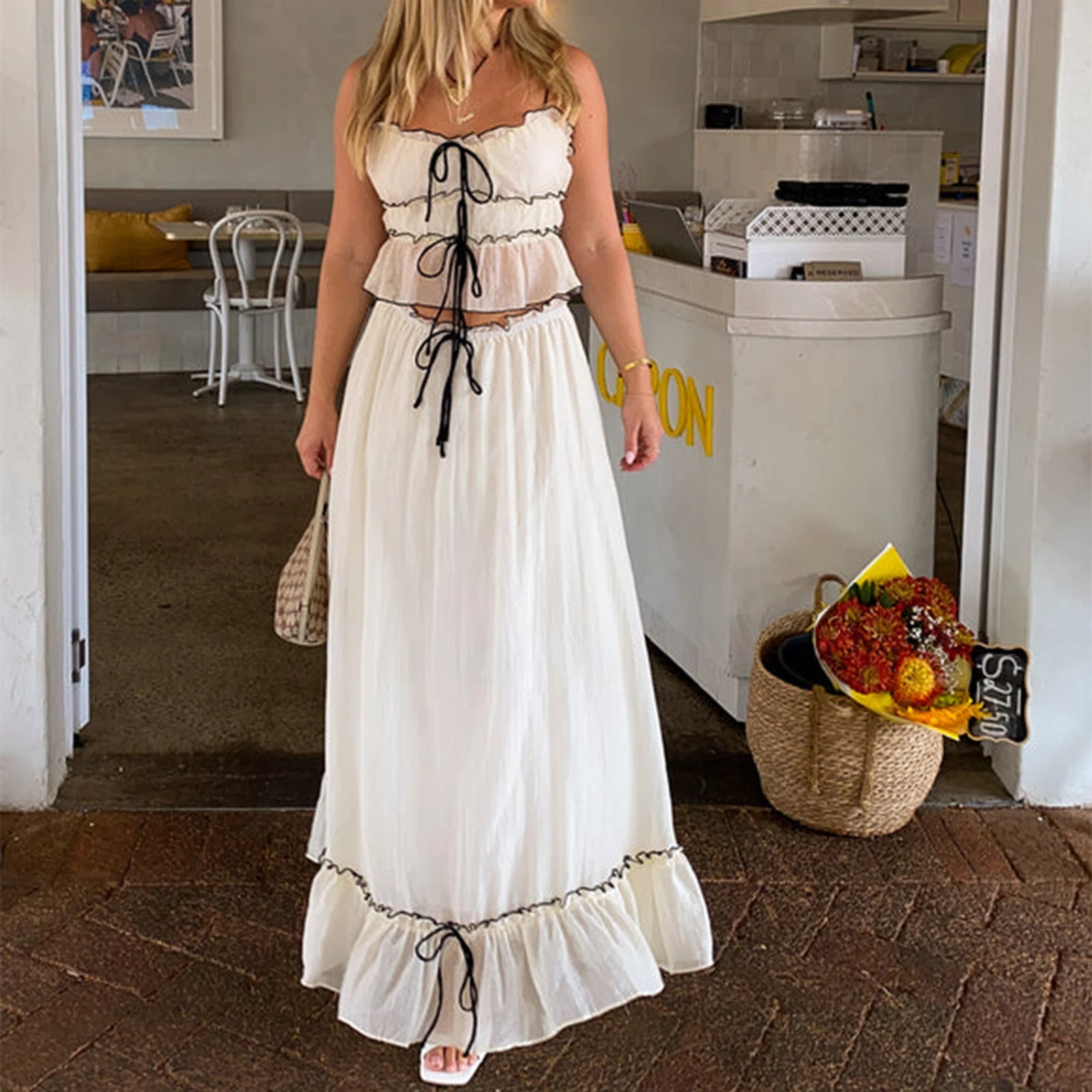 Patchwork Tie Up Camisole Set With Ruched Ruffle Maxi Skirt
