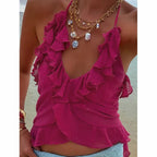 Retro Halter Top With Backless Ruffle Hem Detail Sleeveless
