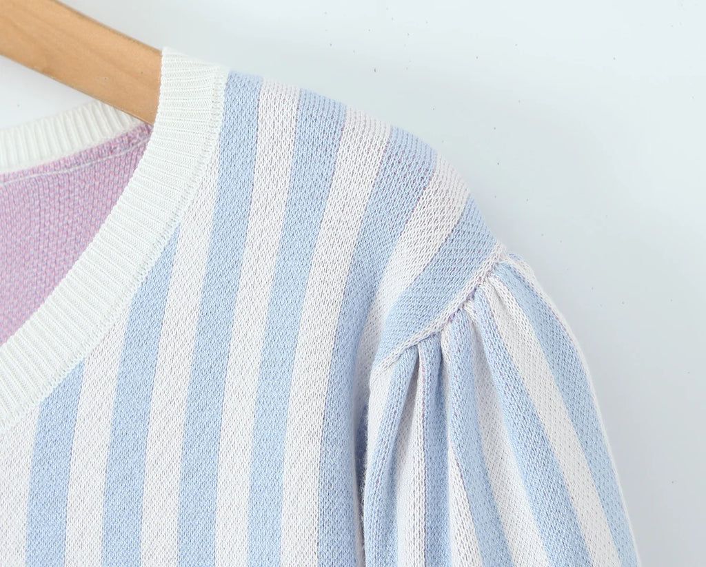Sweet Blue White Striped Button Through Pointelle Knit Cardigan Sweater Woman Full Puff Sleeve Jumper Cropped Knitwear