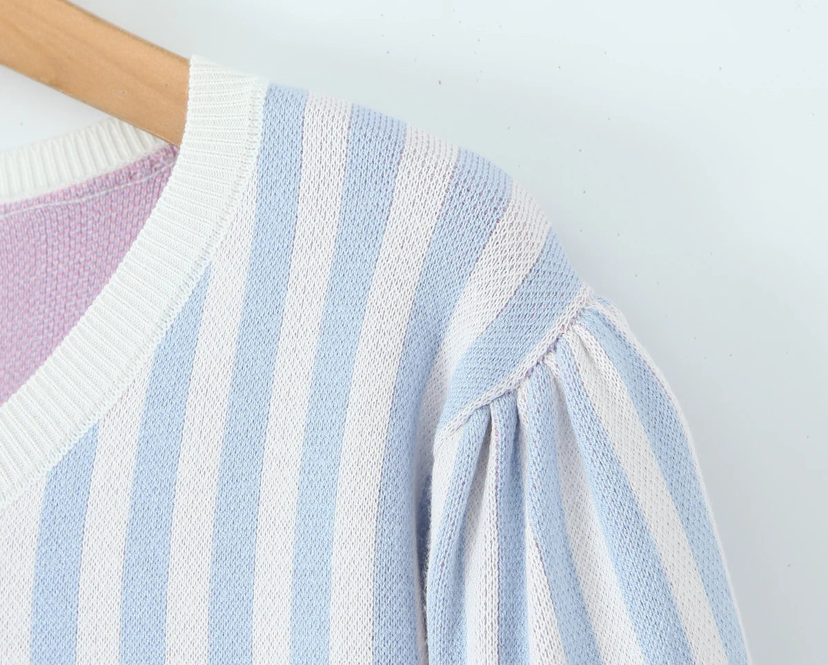 Sweet Blue White Striped Button Through Pointelle Knit Cardigan Sweater Woman Full Puff Sleeve Jumper Cropped Knitwear