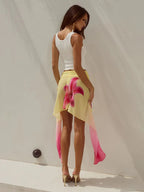 Floral Print Mini Skirt With Elastic Waist Gradient Mesh Tassel Detail