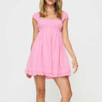 Backless Babydoll Dress With Jacquard Eyelet Lace Square Neck Frill Bust High Waist A Line Sundress