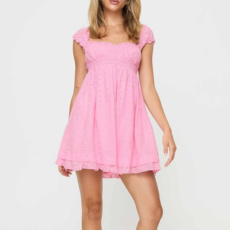 Backless Babydoll Dress With Jacquard Eyelet Lace Square Neck Frill Bust High Waist A Line Sundress
