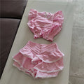 Cotton Plaid Ruffled Top And Shorts Set For Women