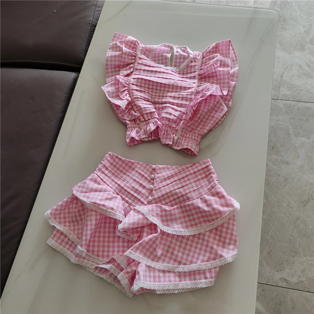 Cotton Plaid Ruffled Top And Shorts Set For Women