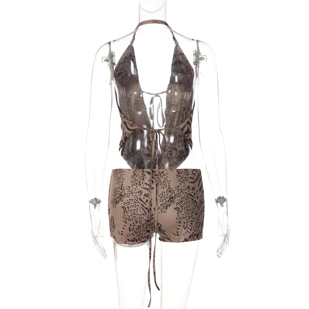 Tiger Print Halter Top Beachwear Set With Backless Detail And Lace Up Slim Fit Shorts