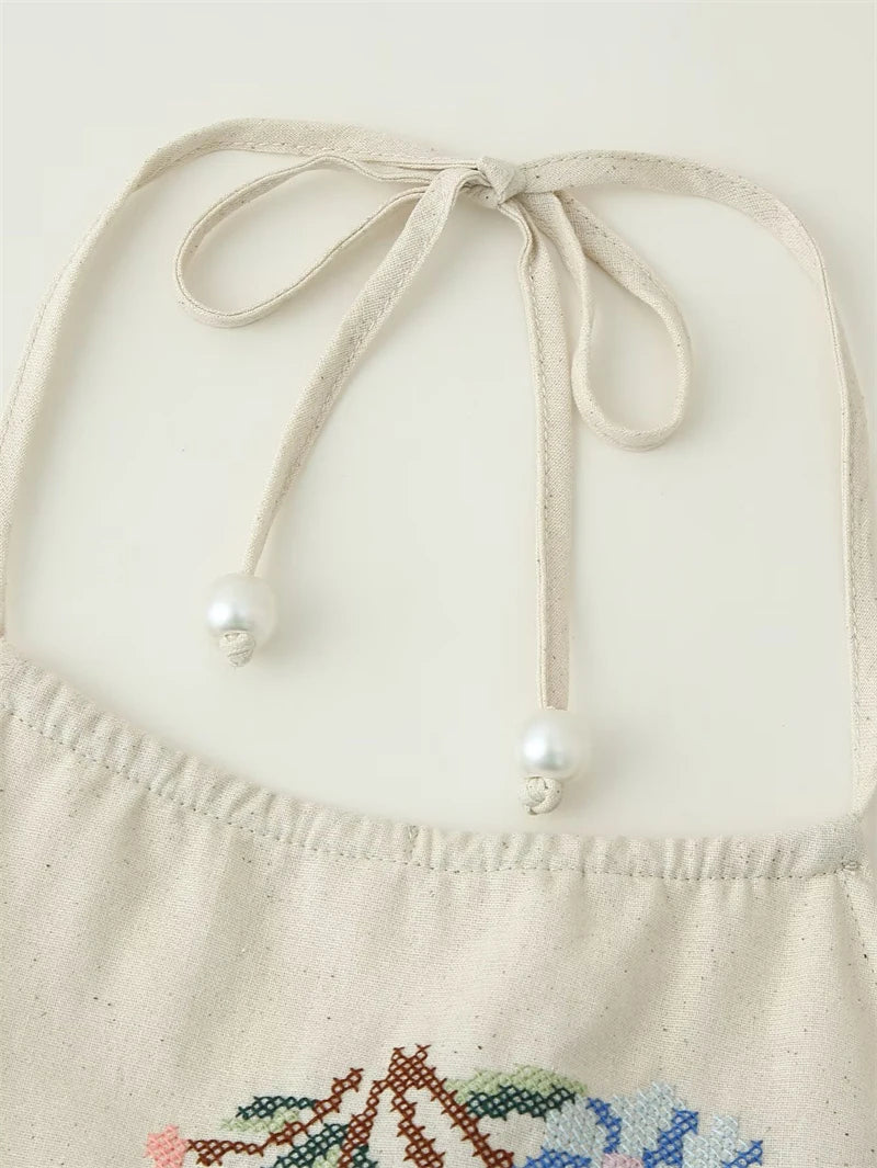 Sunny Floral Embroidered Beaded Tie Neck Halter Top