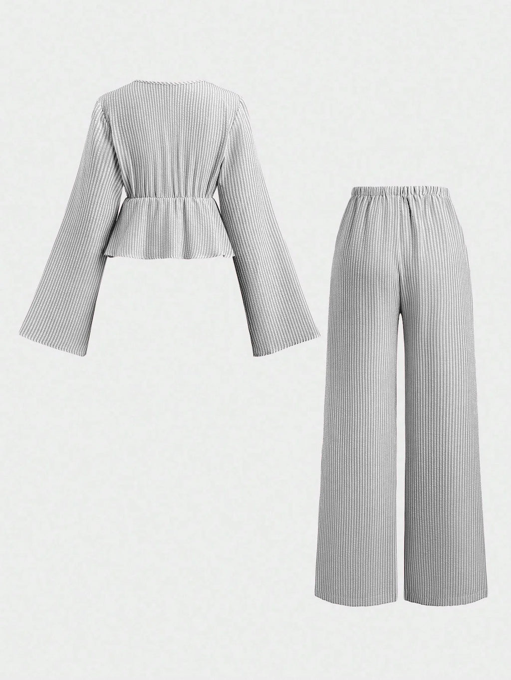 Striped Lace Up Two Piece Set V Neck Top And Elastic Waist Pants