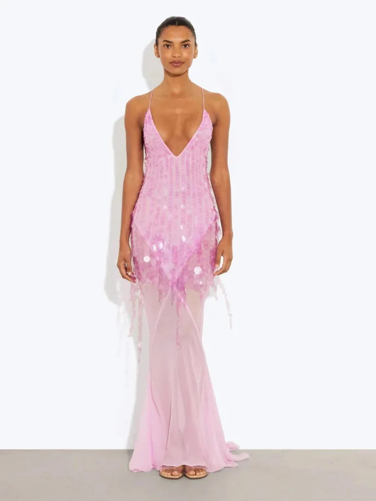 Sequin Deep V Neck Mermaid Maxi Dress Backless Sleeveless Lace Up Gown
