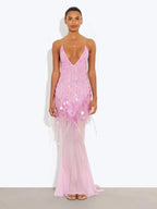 Sequin Deep V Neck Mermaid Maxi Dress Backless Sleeveless Lace Up Gown
