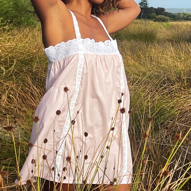 Lace Trim Mini Dress With Ruffle Babydoll Silhouette Spaghetti Strap Boho Sundress