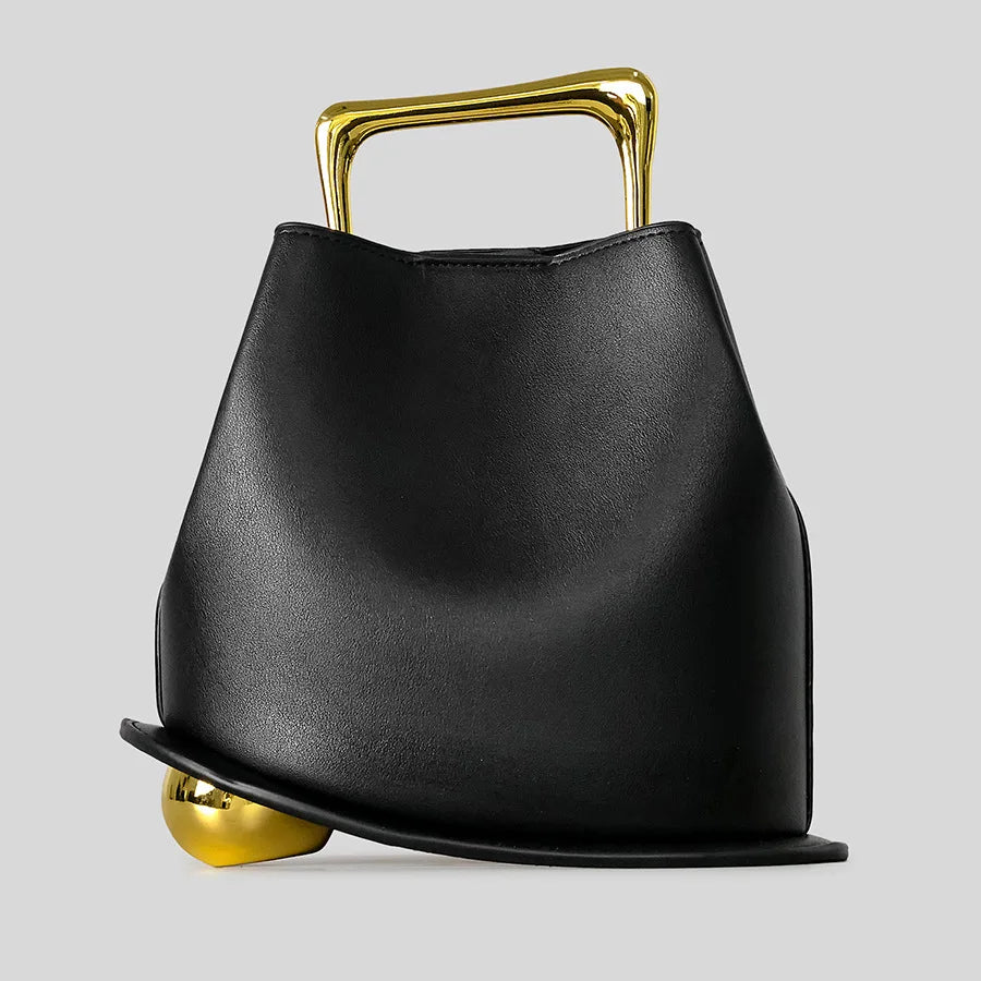 Gold Metallic Irregular Bucket Bag With Ball Base Leather Tote