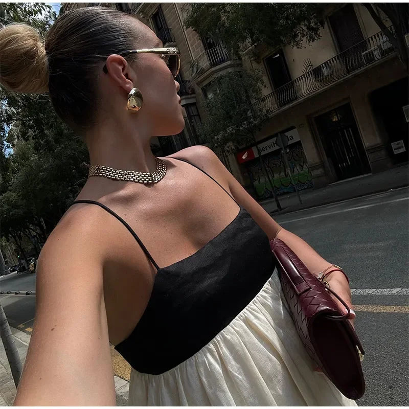 Contrast Splicing Loose Sling Long Women Square Collar Sleeveless Backless High Waist Dress