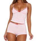 Cozy Two-piece Sleepwear Set With Bow Detail V Neck Cami Top And Soft Polyester Shorts For Lounging