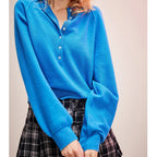 Vintage Long Sleeve O-neck Pullover Sweaters Preppy Solid Button Loose Fits Knitwear