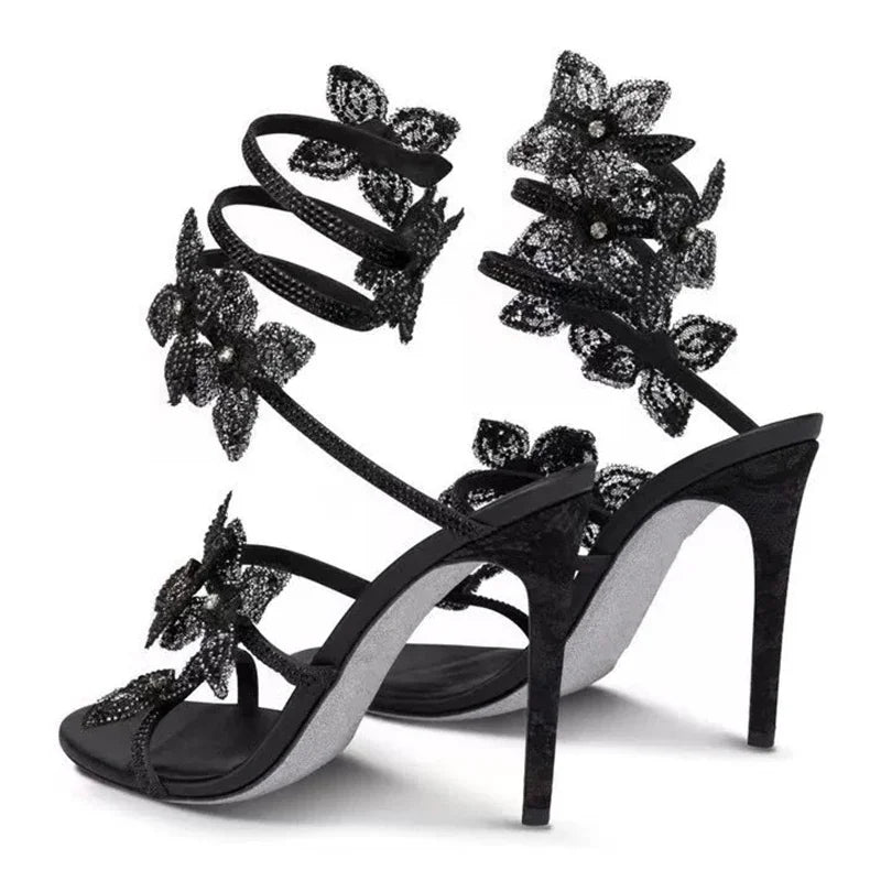 Crystal Flower High Heels With Ankle Strap Strappy Thin Sandals