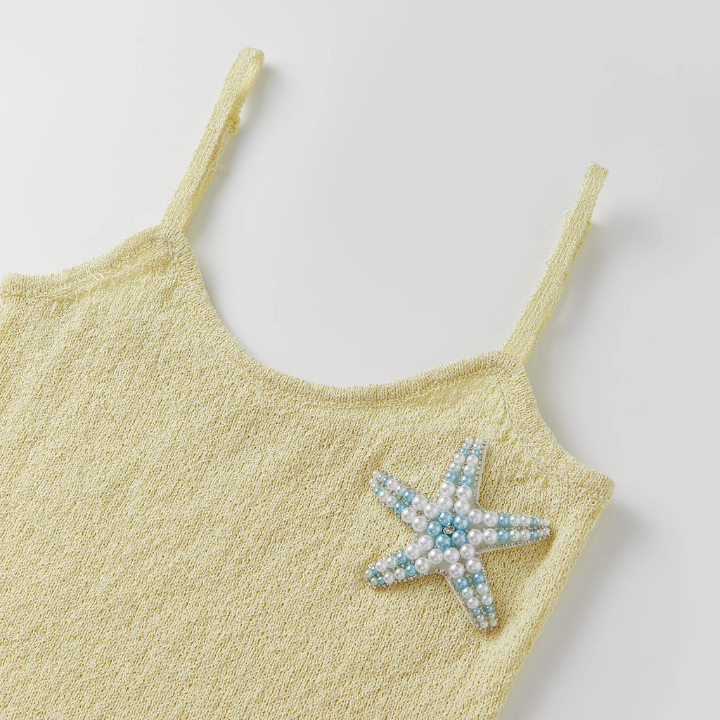 Beaded Starfish Knit Bodycon Mini Dress With Sequin Straps And Tassel Hem