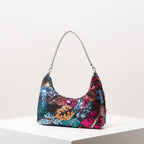Floral Embroidered Sequin Shoulder Bag For Women Crescent Shape Evening Purse