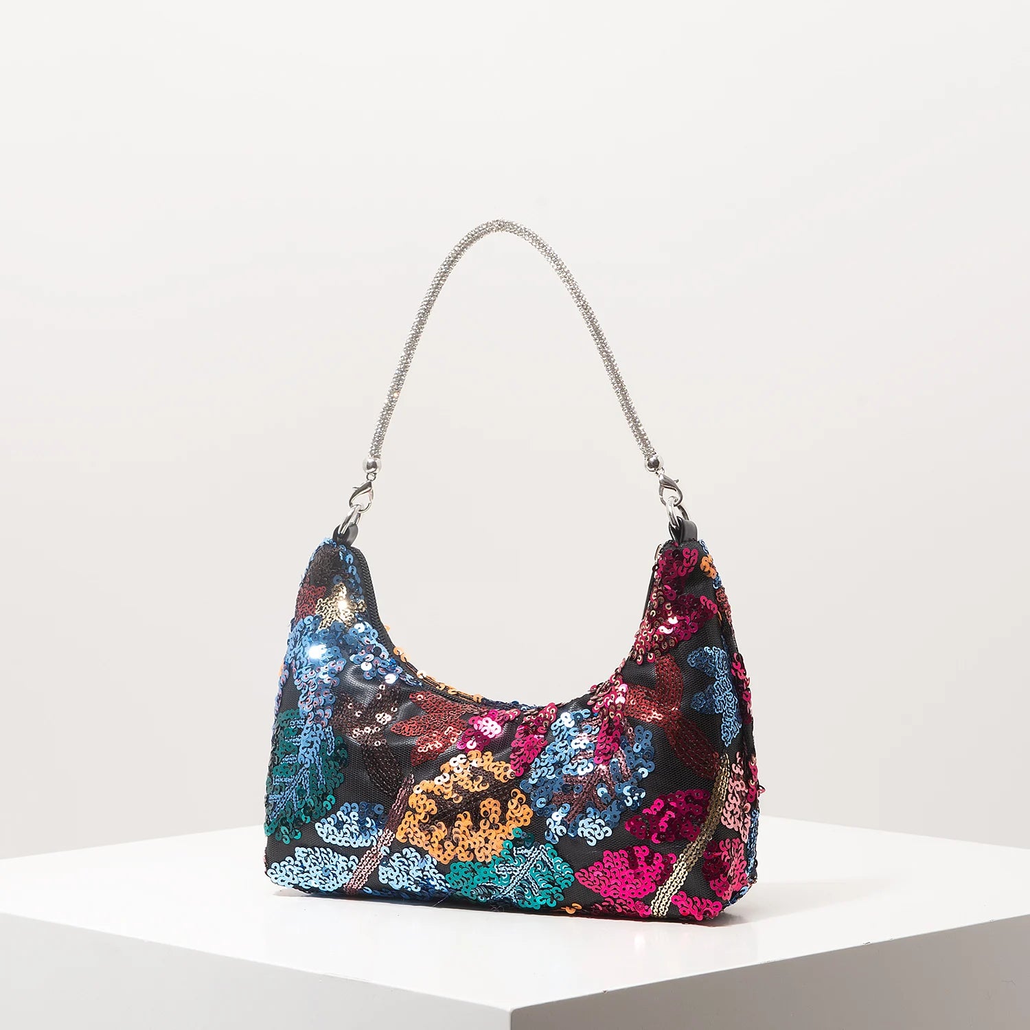Floral Embroidered Sequin Shoulder Bag For Women Crescent Shape Evening Purse