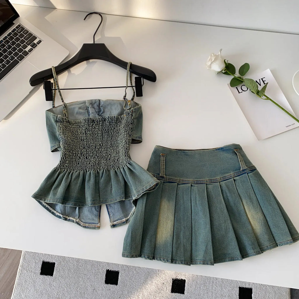 Denim Set With Sleeveless Cami Top And Mini Skirt Slim Fit Zipper