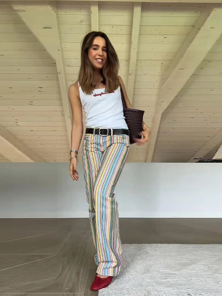 Vivid Multicolor Stripe Wide Leg Jeans With Pockets Low Waist Denim Trousers