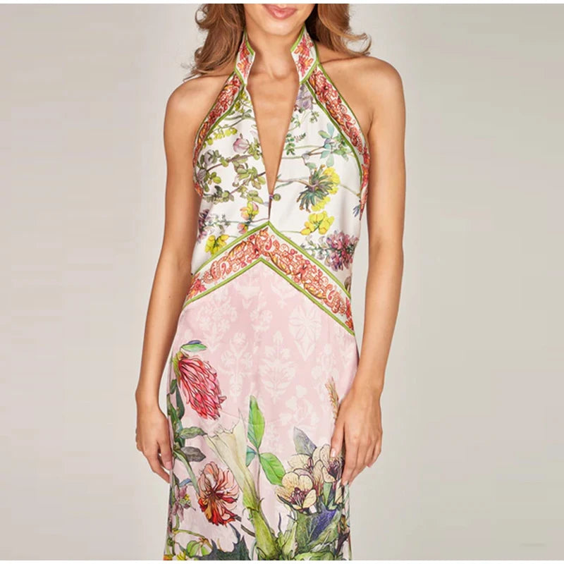 Flirty Printed Halter Backless Dress For Summer Party Chic Evening Outfits Slim High Waist