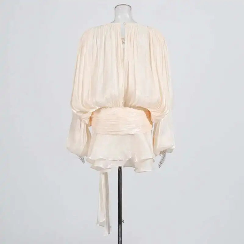 Lace Up V Neck Mini Dress For Women Long Sleeve