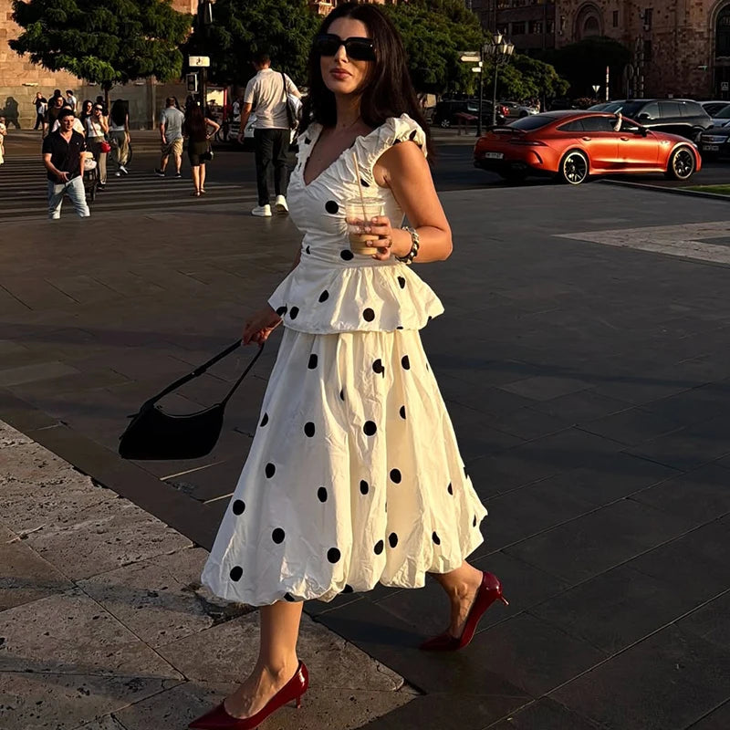 Long Polka Dot Skirt Set With Cropped Puffy Sleeveless Top