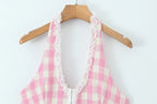 Sweet Plaid Sleeveless Backless Vintage Mini Dress With Halter Neck Slim