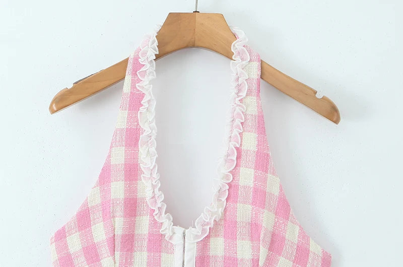 Sweet Plaid Sleeveless Backless Vintage Mini Dress With Halter Neck Slim