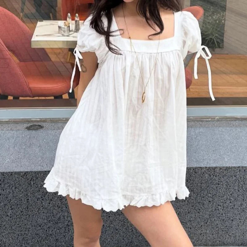 Vintage Puff Sleeve Women Square Neck A-line Mini Ruffled Fairy Flowy Short Dress