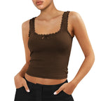 Coquette Lace Trim Knit Crop Top With Bow Sleeveless Square Collar