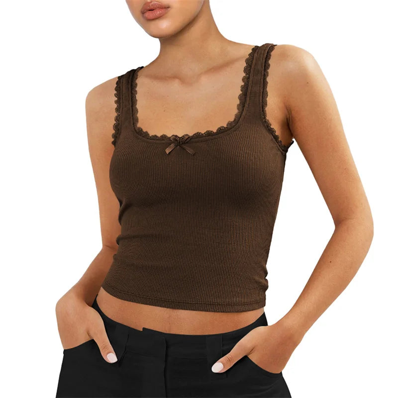 Coquette Lace Trim Knit Crop Top With Bow Sleeveless Square Collar
