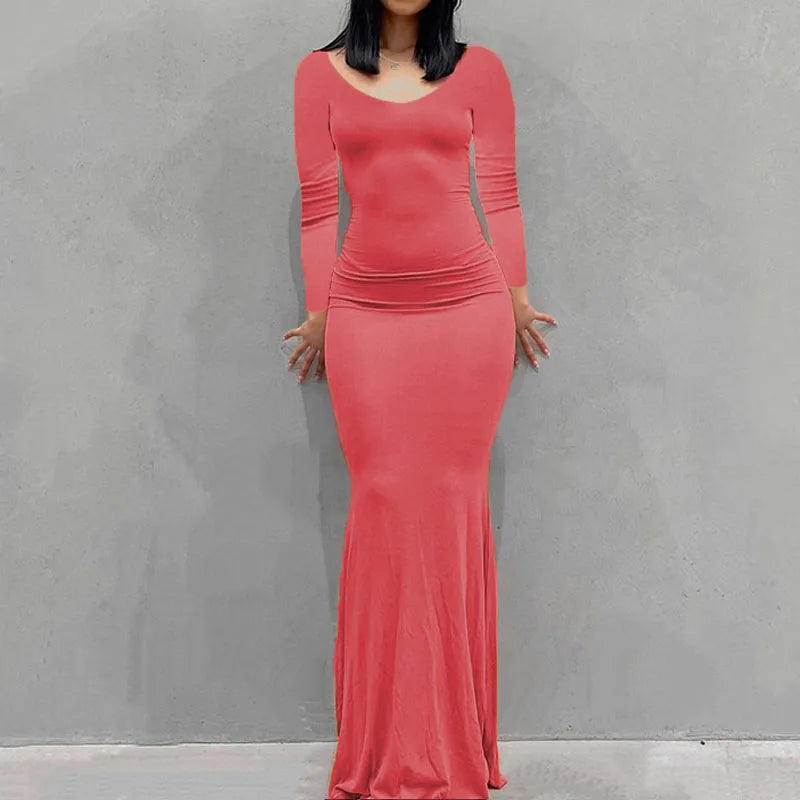 Long Sleeve Dress With Slim Silhouette And Flowing Maxi Skirt
