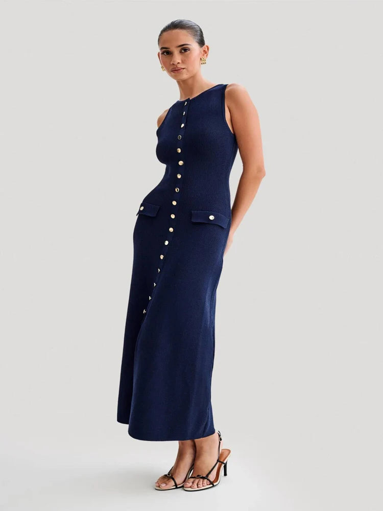Chic Knit Midi Dress With Button Front And O Neck Silhouette