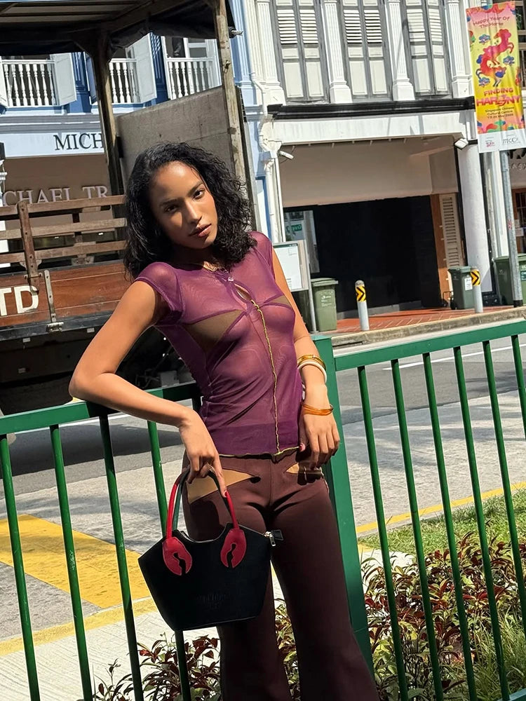 Sexy Mesh Patchwork Button o-Neck Mini Sleeve Top