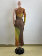Long Maxi Dress With Skew Collar Full Sleeves Mesh See Through