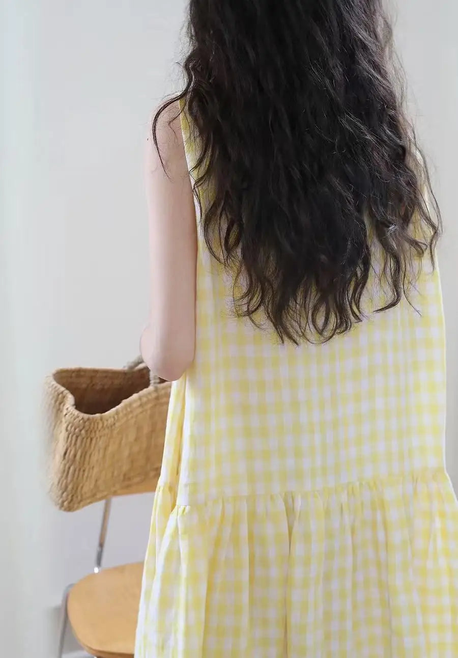 Sunny Plaid Cotton Dress Sleeveless Round Neck Vacation Dress