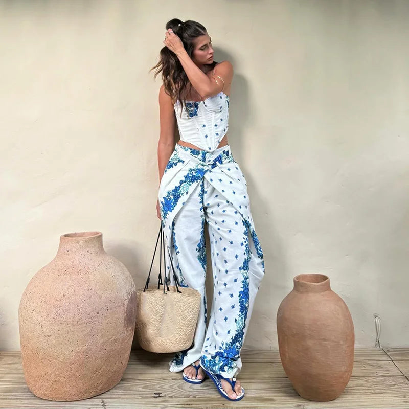 Playful Printed Vest And Trouser Set For Women Two Piece With Sleeveless Slip Top