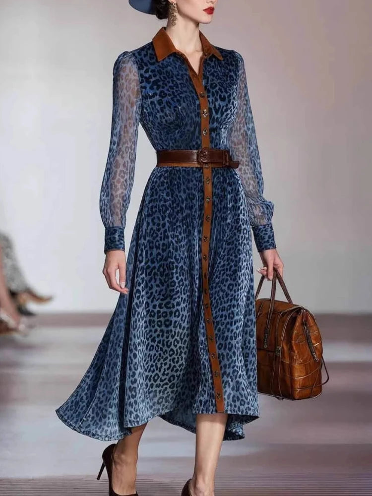 Leopard Print Mesh Dress With Colorblock Panels Elegant Vintage Long Sleeve