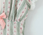 Green French Style Floral Sexy Mini Bohemian Women V-neck Striped Ruffles Dress