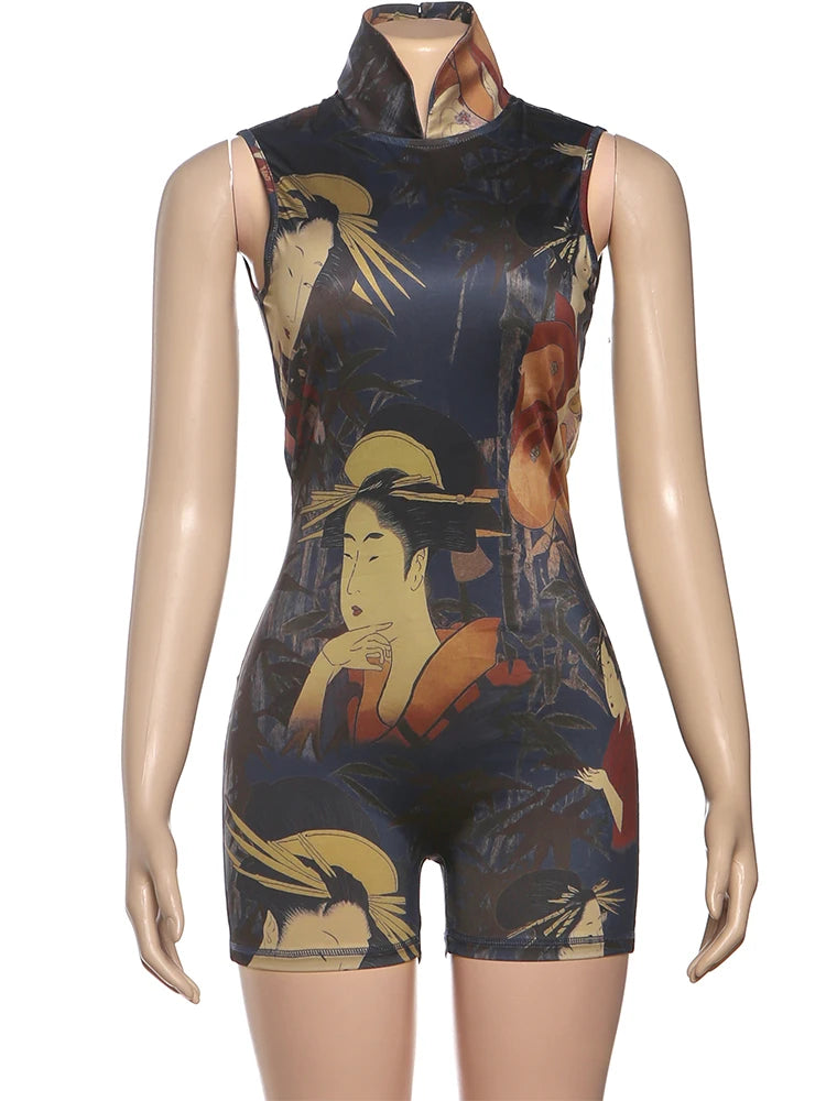 Backless Romper Women Sexy Button Turtleneck Sleeveless Ruched Vintage Cartoon Print Stretch Skinny Club Playsuit