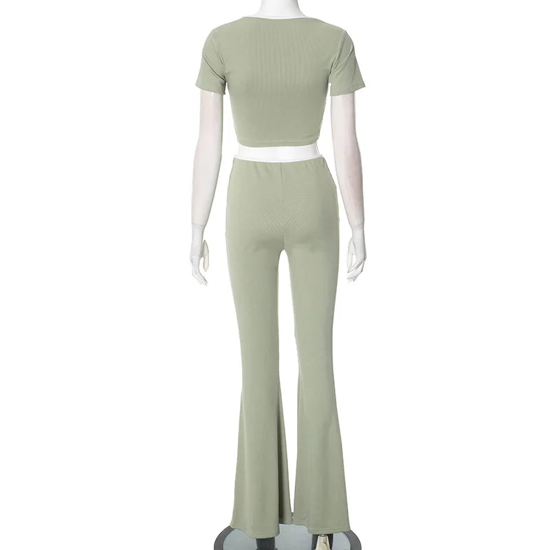 Sexy Slim Two Piece Set For Women Short Sleeve Square Collar Top High Waist Pants