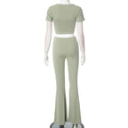 Sexy Slim Two Piece Set For Women Short Sleeve Square Collar Top High Waist Pants