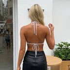 Deep Plunge Halter Crop Top With Open Back Tie Detail